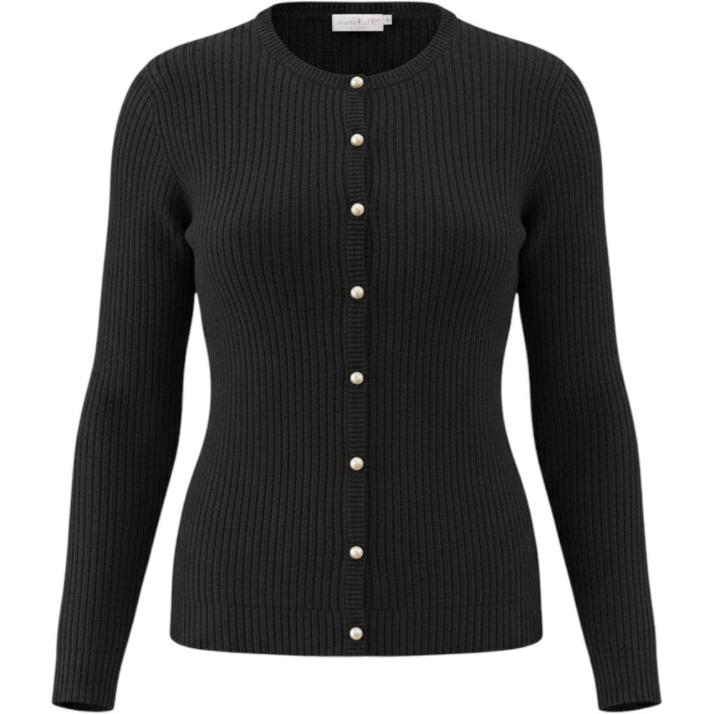 One Step Up Vintage Black Rib Knit Cardigan Wool Blend Faux Pearl Buttons Korea